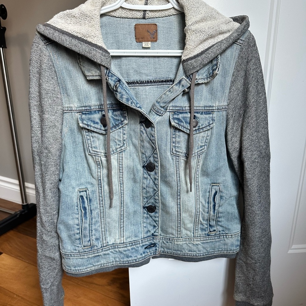 Women's Denim and Gray Sweater Hooded Jacket